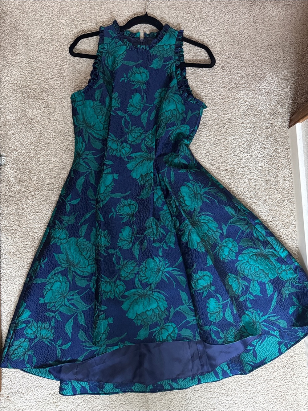 Adrianna Papell Navy Dress with Teal Floral Jacquard - Picture 3 of 3